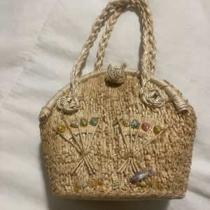 Vintage Burger straw/ raffia little handbag- print from 50’s-60’s. Like new!